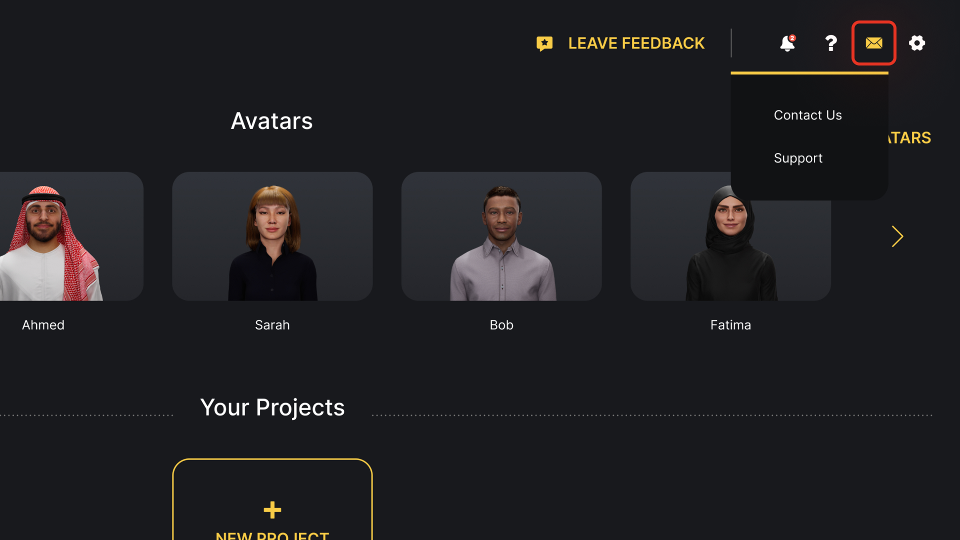 Contact and Support menu expanded from the envelope icon, showing Contact Us and Support options.